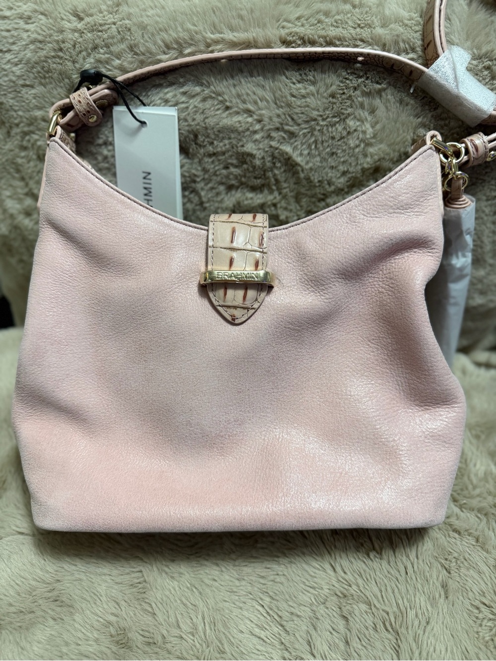 Brahmin Light Pink Leather Shoulder Bag with Croc Accent